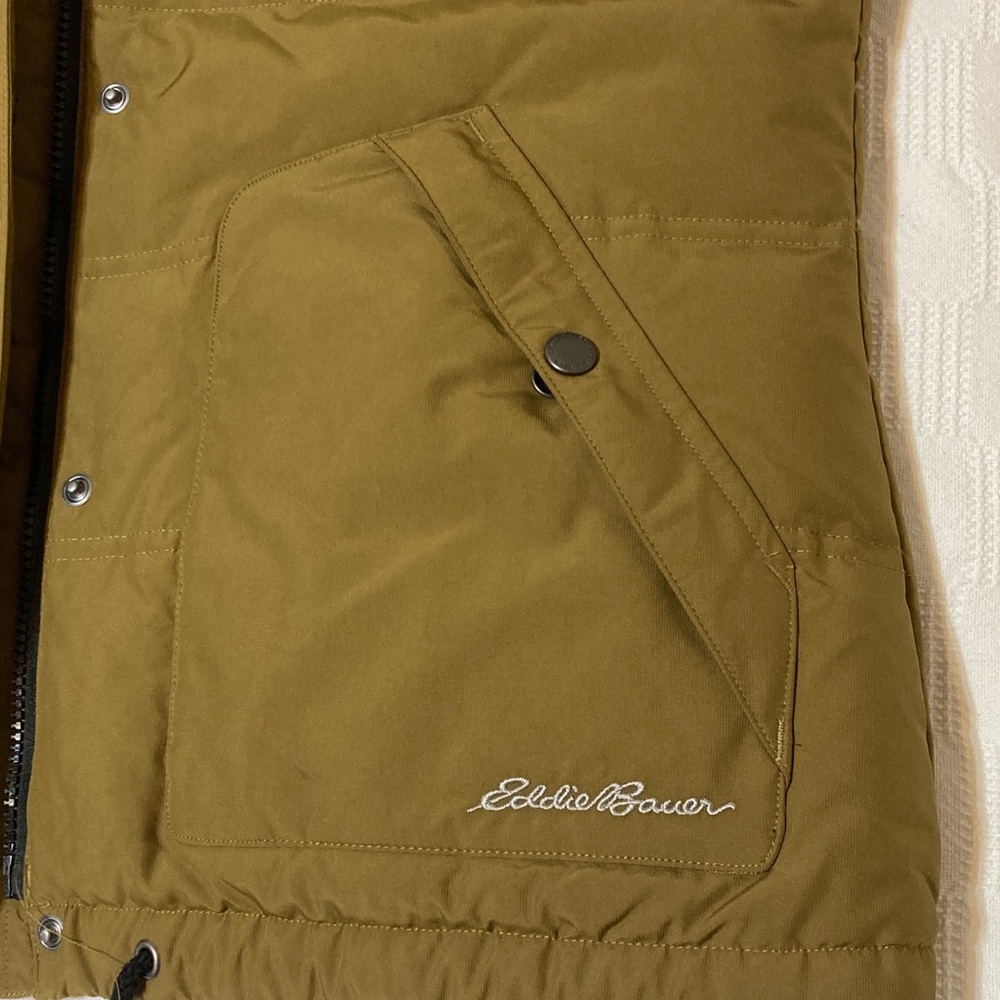 EDDIE BAUER SANDSTONE OLIVE NWOT FAUX FUR HOODED DOWN QUILTED PUFFER VEST - Picture 11 of 16